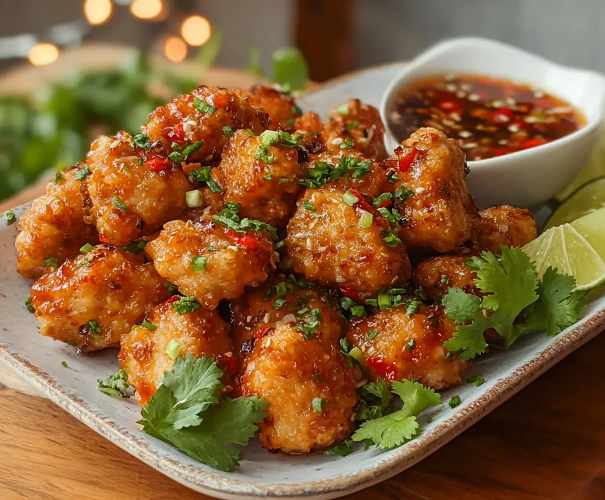 Delicious Thai Chicken Bites served with vibrant herbs and dipping sauce.
