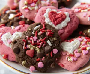 Delicious homemade Valentine cookies decorated with red and pink icing for a romantic celebration.