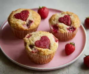 Delicious Valentine's Day strawberry muffins with fresh strawberries and sweet frosting.