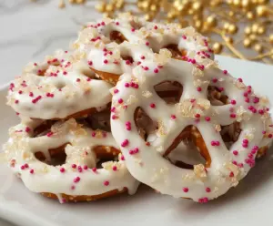 Delicious white chocolate pretzels with a glossy coating and crunchy salt topping on a wooden table.