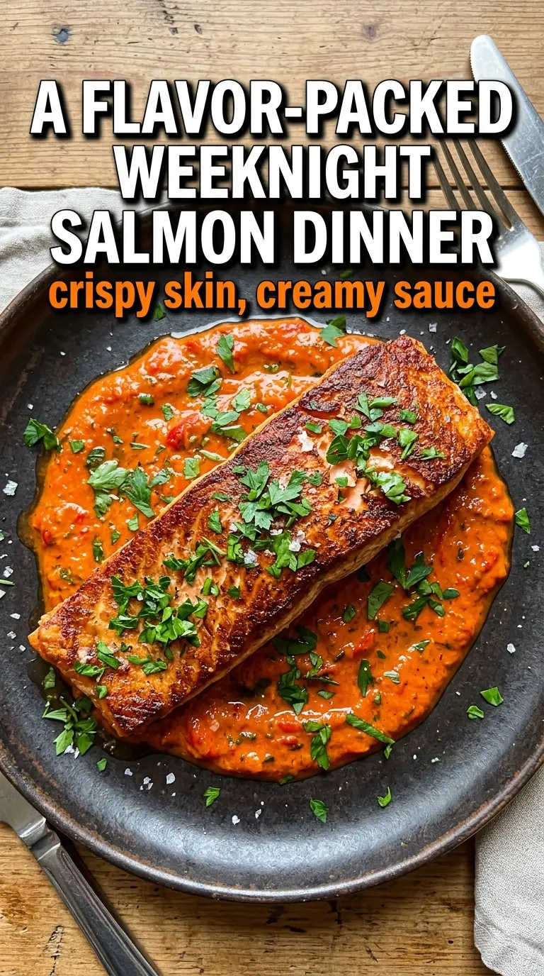 Crispy Salmon with Roasted Red Pepper Sauce, smoky creamy, elegant