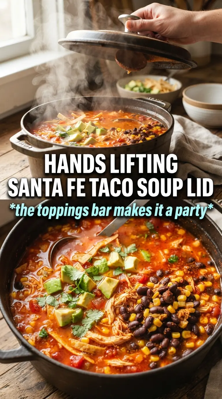 Santa Fe Taco Soup, hearty Southwestern, creamy toppings