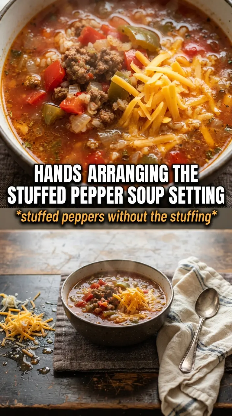 Stuffed Pepper Soup hearty tomato broth, beef, rice