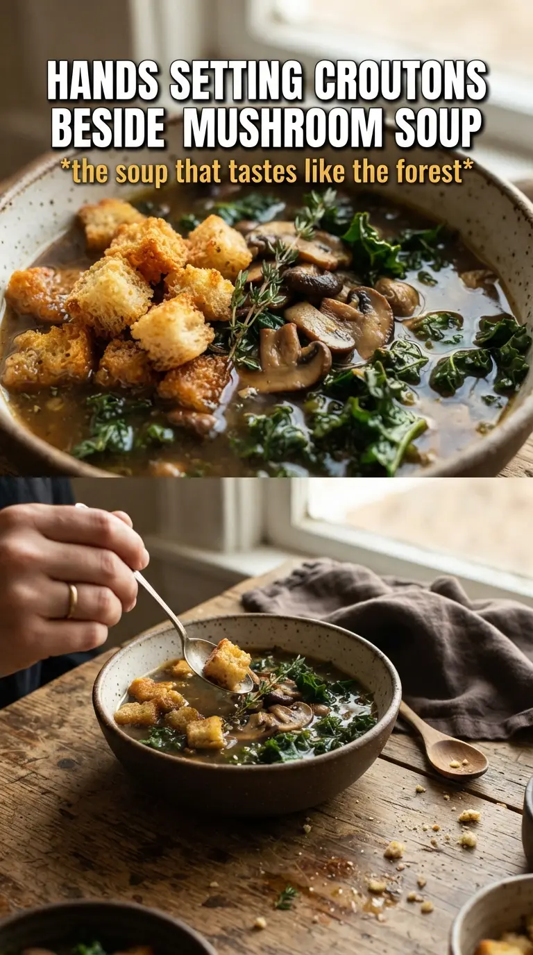 Wild Mushroom Caramelized Onion and Kale Soup, earthy, savory, rustic